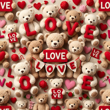 Cute teddy bears holding LOVE signs and hearts seamless background