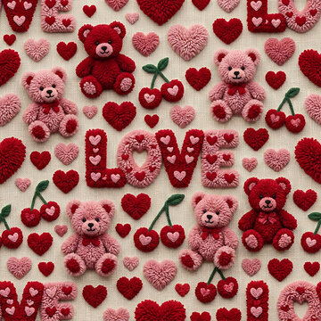Cute teddy bears, hearts, and LOVE text seamless pattern for Valentine's Day