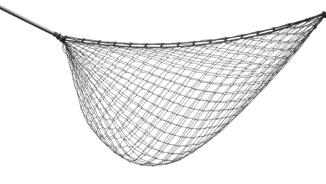 Black fishing net with metal handle, isolated on transparent background