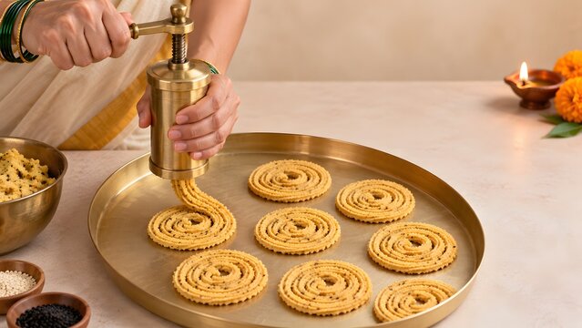 Hands shaping traditional chakli murukku dough using brass press for Diwali festival