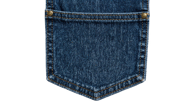 Blue denim jeans back pocket with brass rivets, isolated on transparent background