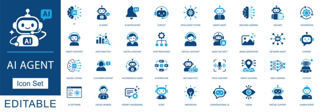 AI agent icon set featuring artificial intelligence, chatbot, machine learning, copilot, virtual assistant, prompt engineering, neural network, and automation icons.
