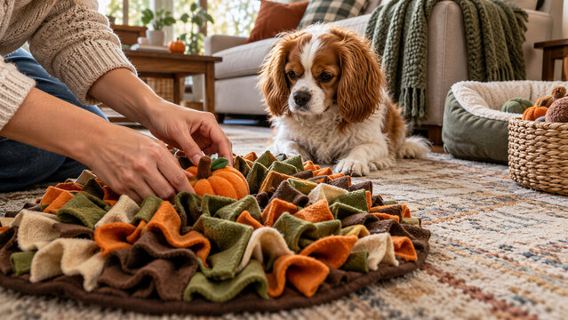 Person arranging a pumpkin-themed snuffle mat as a dog watches at home. Halloween preparations and enrichment play. Pet-friendly seasonal decor. Indoor dog activity and treat game.