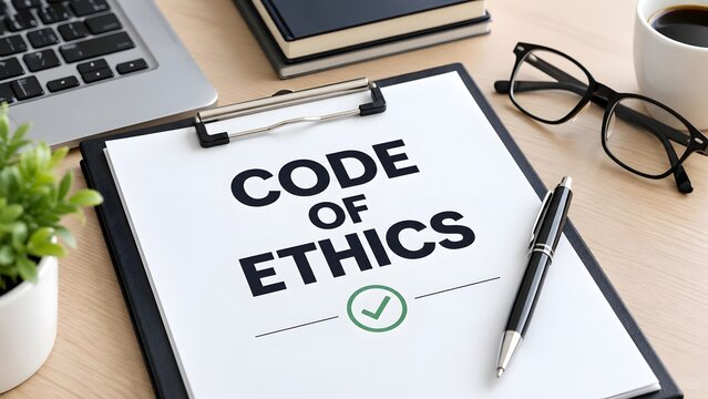 Code Of Ethics Document On Clipboard With Checkmark Symbolizing Business Integrity And Corporate Compliance Strategy
