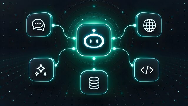 Glowing Neon Chatbot Icon Connected To Programming And Network Nodes Symbolizing Artificial Intelligence API Integration