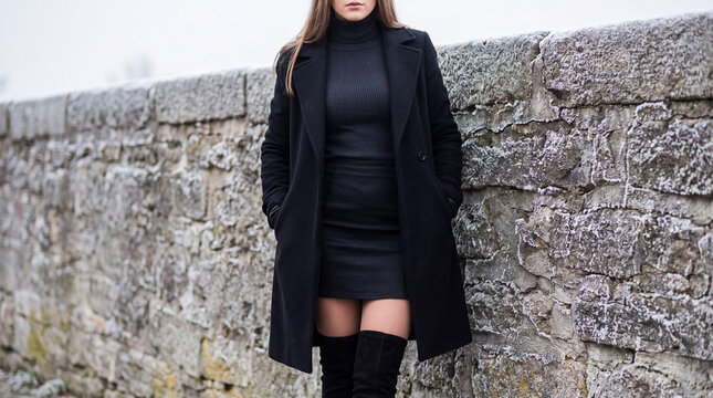 Stylish woman posing outdoors in black overcoat, turtleneck, skirt, and over the knee boots against a stone wall