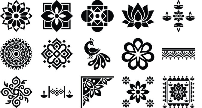 Set of traditional indian rangoli designs and cultural patterns for festive decoration