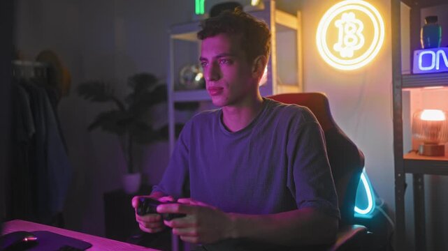 Young man raises fists celebrating while gripping a game controller in studio with neon bitcoin sign and gaming chair visible; competitive excitement.
