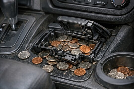 A pile of coins inside a vehicle's interior