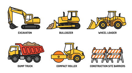 Set of construction heavy machinery icons including excavator bulldozer loader dump truck and roller. © Gempa