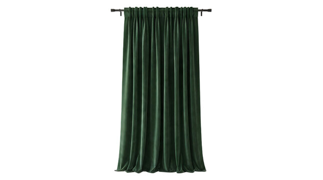A single dark green velvet curtain hanging on a black rod isolated on transparent background