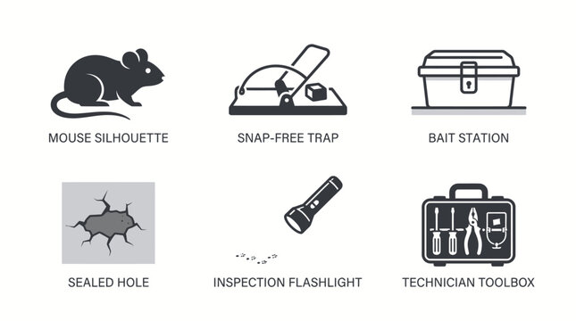 Pest control icon set featuring mouse trap bait station and professional inspection equipment.