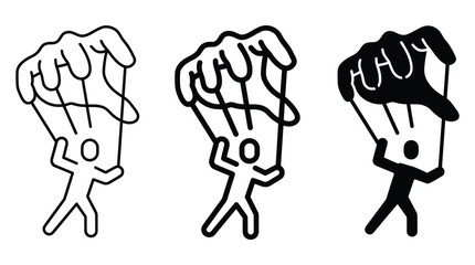 Fototapeta premium Puppet show icons featuring hand manipulating human figure with strings for business management or social control metaphor graphic design.