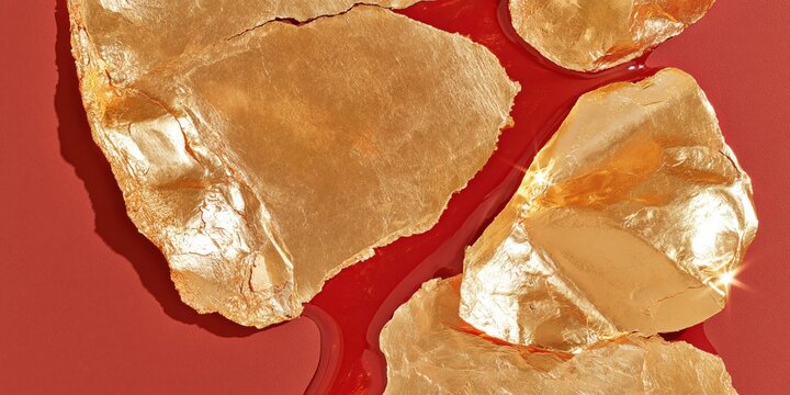 Gold leaf pieces on deep red background with glossy lacquer texture
