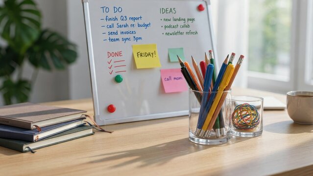 Home office desk with whiteboard, sticky notes, and colorful pens. Productivity concept for remote work ads.