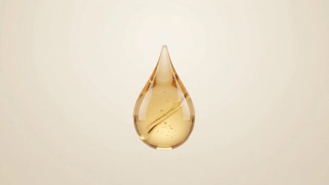 Golden liquid oil drop falling slow motion 3D render isolated on warm beige background for cosmetic collagen serum essential oil hyaluronic acid packaging advertising asset