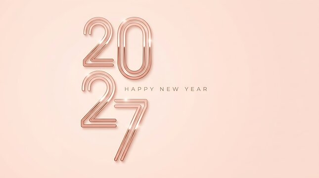 Elegant 2027 new year numbers in rose gold finish with sparkling lights and confetti against a soft peach background for festive celebrations and greetings.