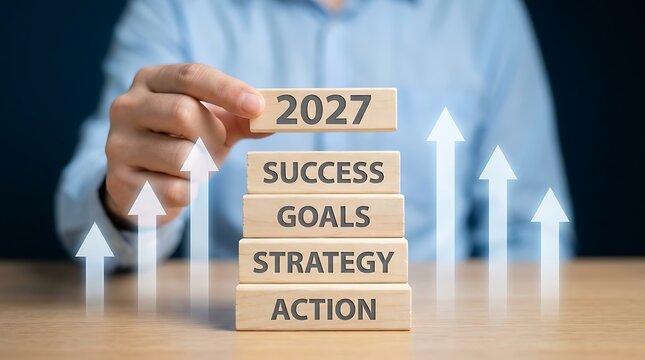Hand stacking wooden blocks with year 2027 at top and words success goals strategy action symbolizing business growth and planning for future achievements.