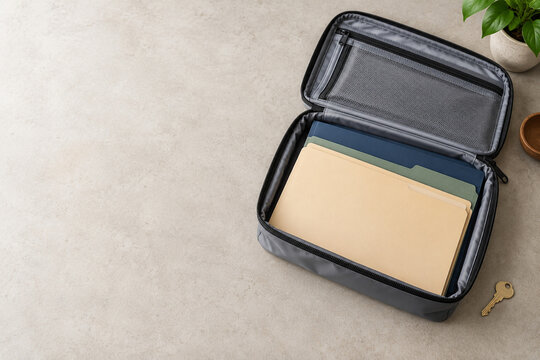 Plain folders and a key beside an open document pouch