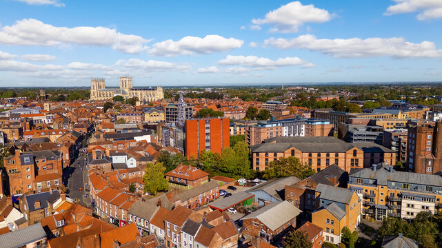 wide aerial view of york cityscape with minster cathedral horizon