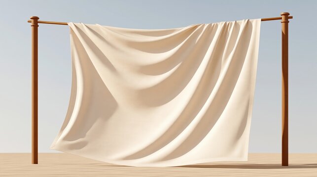 Cream fabric draped over wooden frame against soft blue background, smooth folds and natural lighting, minimalist composition with copy space