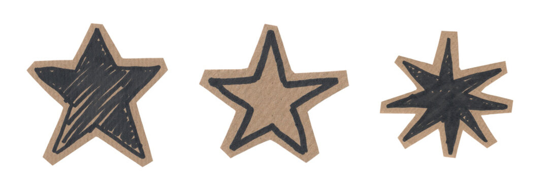 scrapbook scrapbooking collage set collection doodle sticker - hand drawn doodle christmas star icons, sketch stars set, cut out elements on brown craft paper, isolated on white background png
