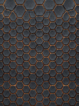 Abstract dark hexagonal pattern background with glowing orange light between the tiles.