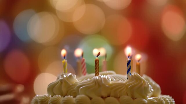 60 FPS close up birthday cake candles flicker then extinguish with curling smoke on bokeh lights