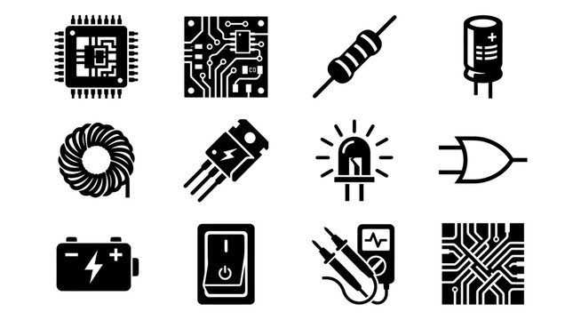 Black and white electronic components and circuit board icons vector set with electronics components resistor capacitor transistor microprocessor hardware processor semiconductor technology
