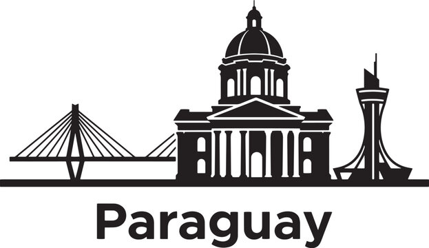 Minimalist graphic illustration featuring the iconic landmarks of asuncion paraguay presented in a clean black and white silhouette