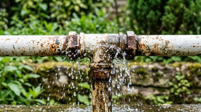 Old rusty metal water pipe leaking water in a garden
