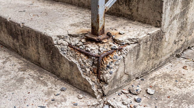 Concrete steps showing severe spalling and crumbling, exposing corroded rebar and rusty metal railing post, needing repair