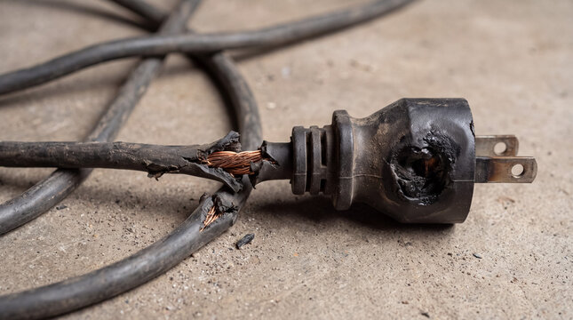 Damaged electrical cord showing frayed wires and burnt power plug creating a dangerous fire hazard