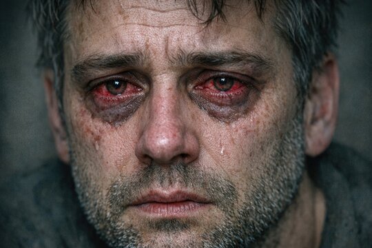 A close-up shot of a man's face with blood on his eyes, used for horror or thriller scenes