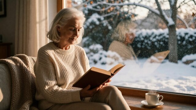 Senior woman reading book by window with snowy winter view and hot drink, cozy lifestyle concept for retirement content