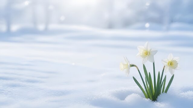 一面に広がる真っ白な雪原の中で朝日を浴びて凛と佇む可憐な白い水仙の花々