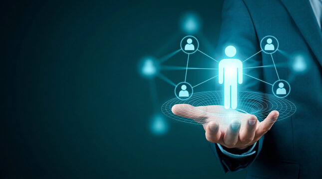 Corporate man presenting glowing blue human network hologram on hand