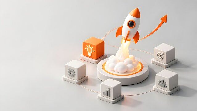 Rocket Launching From Central Podium Surrounded By Business Strategy Icons Representing Integrated Startup Ecosystem And Growth