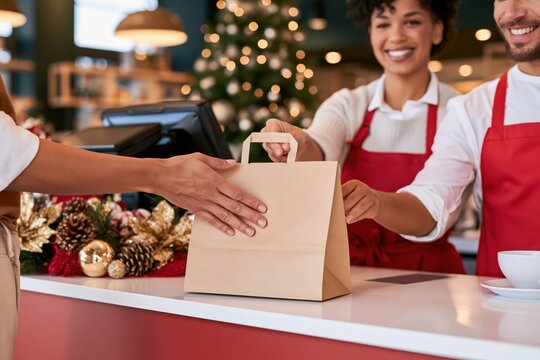 Smiling staff in red aprons handing paper bag to customer at festive counter with Christmas tree bokeh background