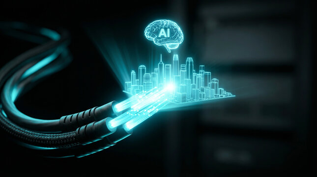 Fiber optic cables transmitting data to glowing AI brain and city hologram