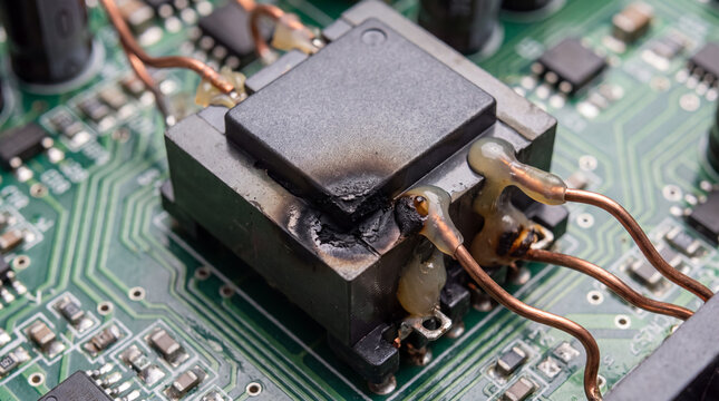 Damaged circuit board showing burnt electronic component and broken copper wires on a green pcb