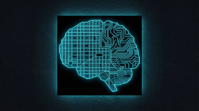 Glowing neon blue human brain split into city grid map and circuit board