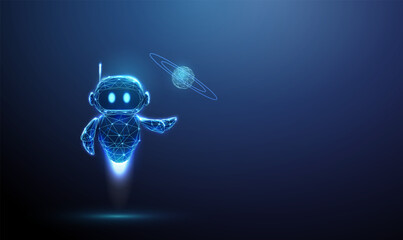 3D blue robot and planet with orbital rings in hand Global technology, artificial intelligence, innovation, future world, space exploration, online education concept © Елена Бутусова