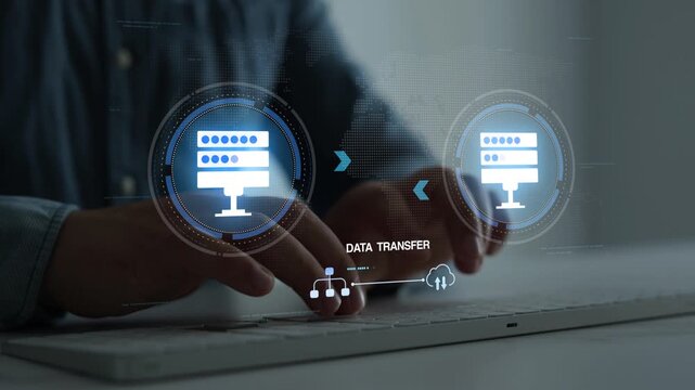Digital data server transfer security concept showing global information exchange, cloud storage, secure access, cybersecurity, servers and connected technology.