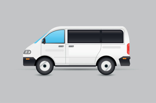 White passenger minivan in side profile, rendered as a clean vector illustration with dark windows and wheels on a plain light gray background.