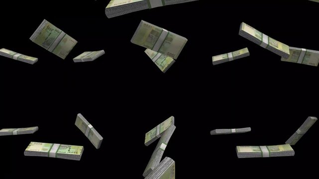 Yemen Money, Yemeni Rial Banknotes Falling On Black Background, YER Currency Stacks Dark Cinematic, 4K