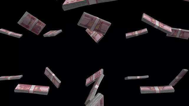 Afghanistan Money, Afghan Afghani Banknotes Falling On Black Background, AFN Currency Stacks Dark Cinematic, 4K