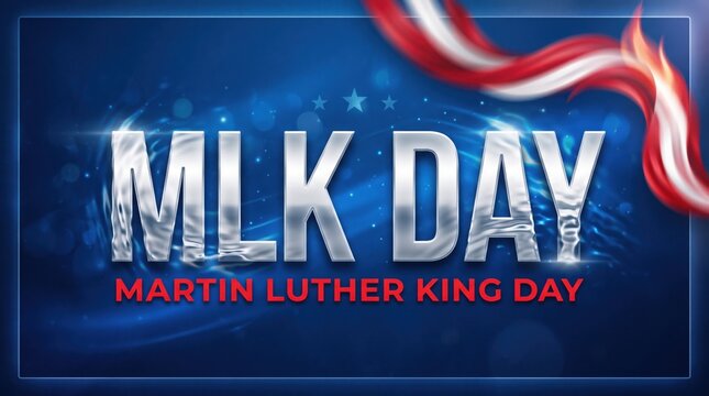 Martin luther king day celebration banner with metallic silver text and american flag ribbon on blue background