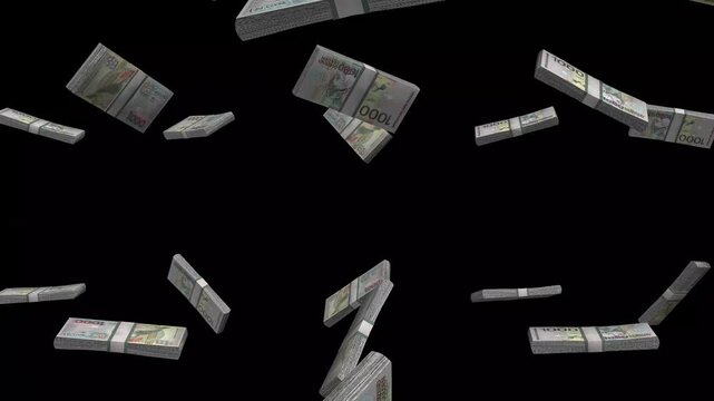Suriname Money, Surinamese Dollar Banknotes Falling On Black Background, SRD Currency Stacks Dark Cinematic, 4K