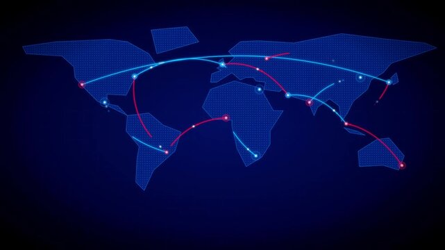 Global network connectivity map illustration showing international data exchange and digital communication pathways between continents